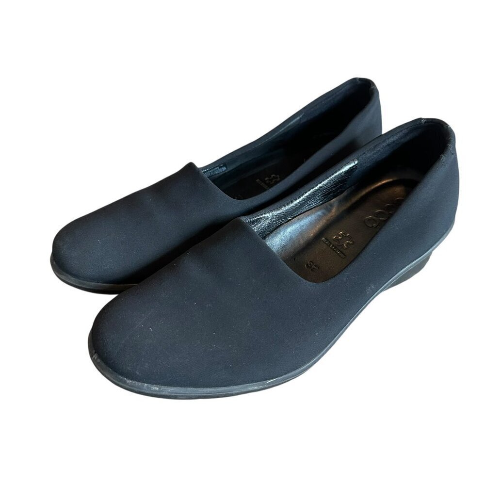 ECCO Felicia Textile Stretch Slip-On Black Comfort Pull-On Low Wedge Size 37 6.5